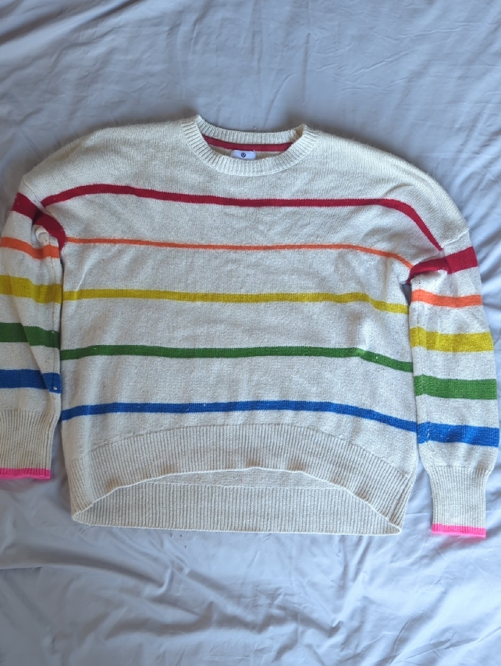 Sundry Oversized Cream Knit Sweater with Rainbow Stripes